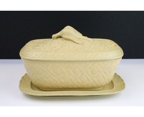 1800's yellow ware game dish with finely detailed partridge lid finial on fern foliage background and basket woven base desig