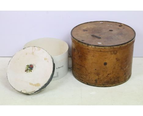 Vintage Liberty cardboard hat box, 33cm diameter, housed within large early 20th century wooden travel hat box case with meta