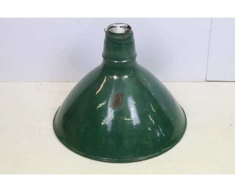 Vintage 20th century large green with white interior industrial enamel factory lamp pendant shadeH -39cm, 48cm diameter 