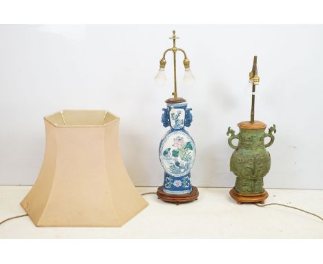 20th century moon flask table lamp with bird and landscape scene together H 83cm with Chinese patinated lamp with wooden base