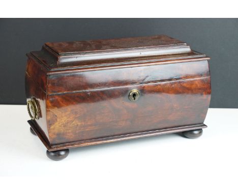 Antique 19th century mahogany bombe shaped tea caddy with three internal compartments, quilted lined lid and handles to side,