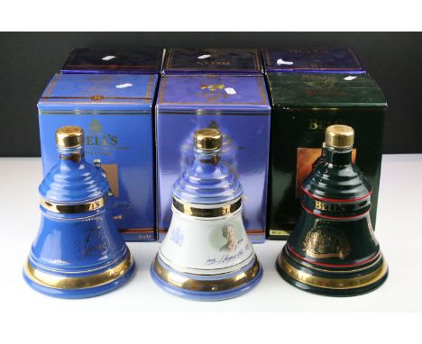 Six Bells Old Scotch Whisky Christmas and commemorative bell decanters, full contents, all boxed, 70cl. Christmas years 1992 