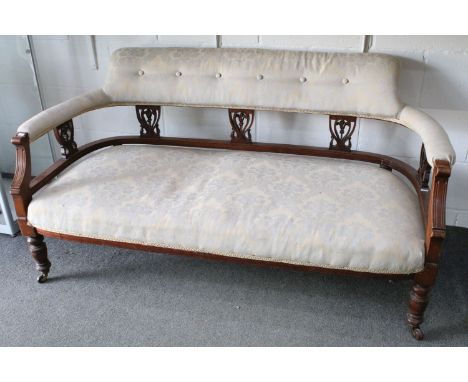 19th Century Victorian mahogany sofa settee having a pierced back rest with carved urn detailing and button back upholstery r