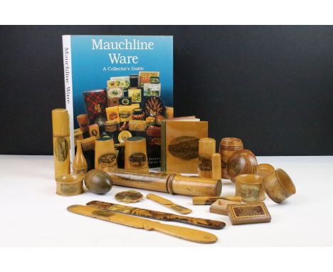 Mauchline ware collection of needle cases, darning mushroom, napkin rings, page turners, date book c.1894 and small boxes inc