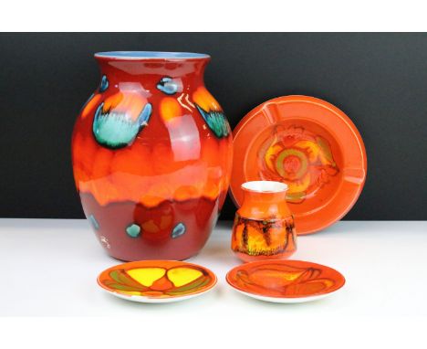 Poole pottery volcano large classic vase 25cm high with an orange glaze ashtray, 18.5cm diameter, Delphis small orange vase, 