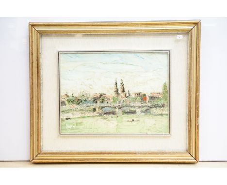 Vintage oil painting on board of river scene and bridge 