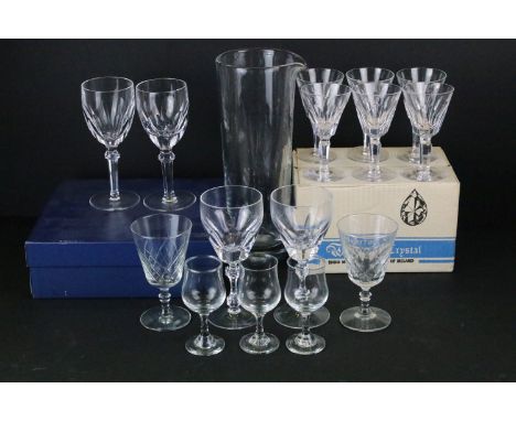 Waterford Crystal set of six port glasses, six claret glasses and two wine glasses, boxed, with a selection of wine and lique
