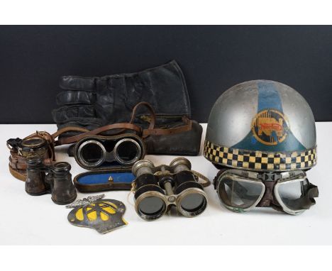 A box of mixed collectables to include mid 20th century motorcycle helmet, goggles and gauntlets, opera glasses, military mar