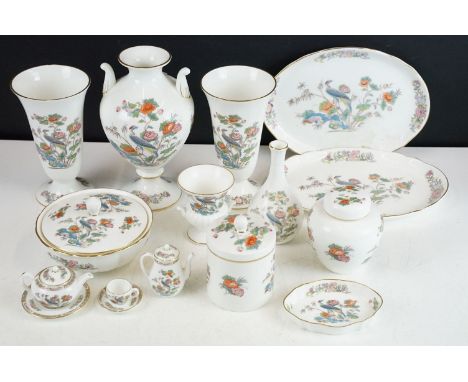 Wedgwood 'Kutani Krane' bone china set with floral crane design and gilt edging comprises of large baluster urn vase, two sle