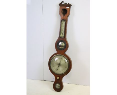 Early 20th century Rogg, Salisbury banjo barometer. mirror detail and mercury thermometer to neck, H 94cm 