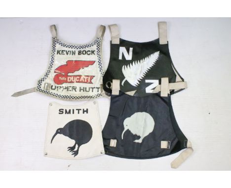 Four vintage speedway racing bibs to include New Zealand / Kiwi (3) and Kevin Bock Motorcycles 