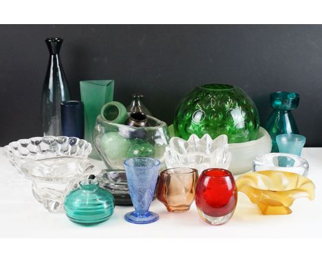 Mixed assortment of vintage coloured and clear glassware including signed Orrefors crystal tulip and raspberry bowls, signed 