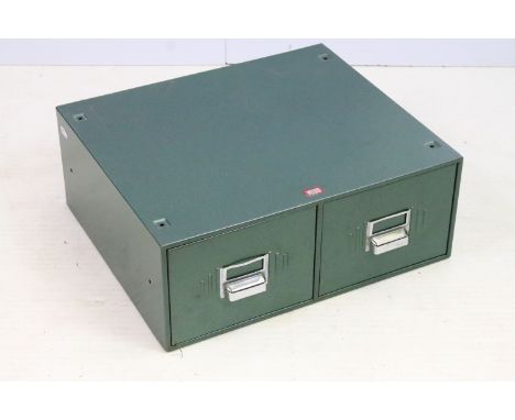 Vintage green two drawer metal index card file cabinet, H 18cm x W 45cm x D 38cm 