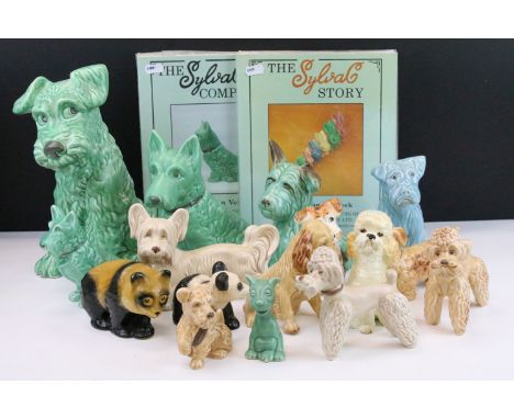 Assortment of vintage Sylvac ware figures in varying colours and sizes to include large green terrier 1380, poodle 3110, smal