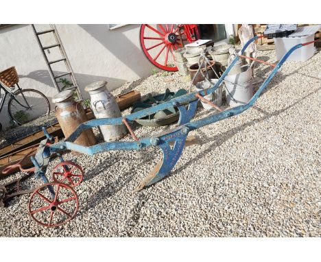 Vintage painted outdoor machinery, horse plough by S Attwood, Biddestone 290cm 