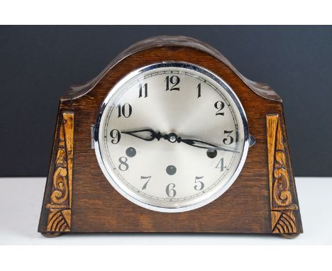 Vintage German carved detail wooden mantel clock 21cm high x 28cm wide x 12cm deep 
