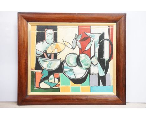 Framed abstract oil painting still life with fruit lamp and jug in an interior, 62cm x 50cm 