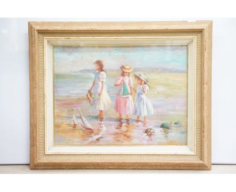 Framed impressionist oil painting beach scene with girls playing with toy sailboats, 41cm x 31cm 