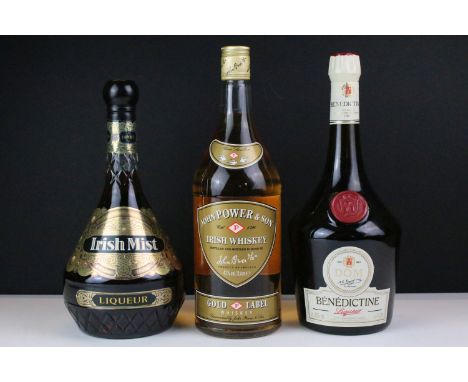 Bottled liqueurs, Benedictine 1L and Irish Mist 1L along with John Power and Son Irish Whiskey 1L 