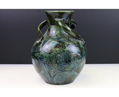 Large Barun pottery decorative fish design vase with triple scroll handles by C H Brannam, signed JD and dated 1899 to base, 