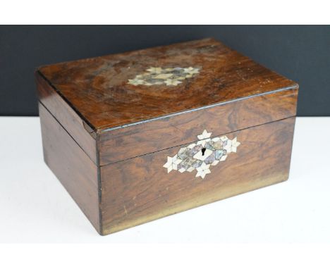 19th century sewing box with mother of pearl inlay detailing to wooden case at front and top, liftable partially lined compar