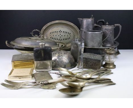 Collection of silver plate and metal ware items to include hip flasks. compact, cloche, Dunlop cigarette case, warmer plate, 