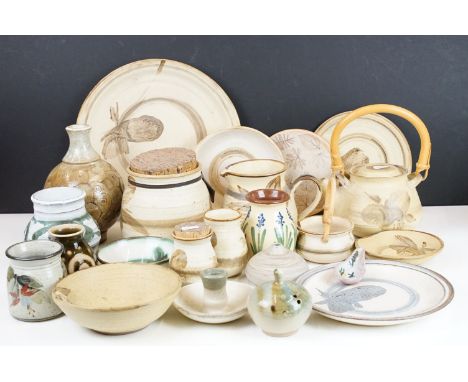 Collection of hand painted vintage studio pottery to include plates, vases, tea pot and jar. 