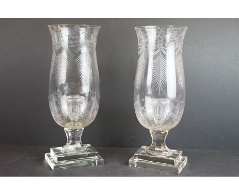Pair of 19th century etched flared lip hurricane storm light lantern candle holders on cut glass bases with fern etched decor