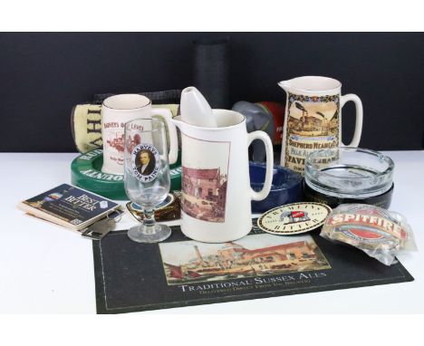 Brewery advertising paraphernalia to include Fremlins beer elephant and pump badge, Shepherd Neame &amp; co pitcher jug, Harv