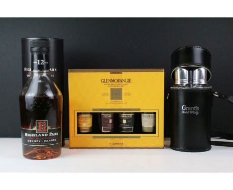 Grant's Glenfiddich Scotch Whisky leather case triple flask set with boxed Highland Park single malt scotch whisky (12yrs) 70