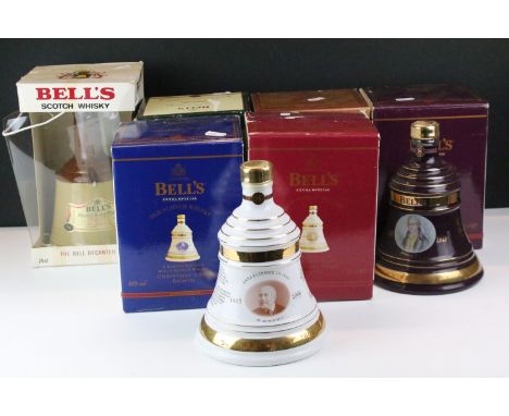 Six Bottles of Bells Old Scotch Whisky Christmas Bell decanters, full contents, all boxed, 70cl. Years 1998, 1999, 2000, 2001