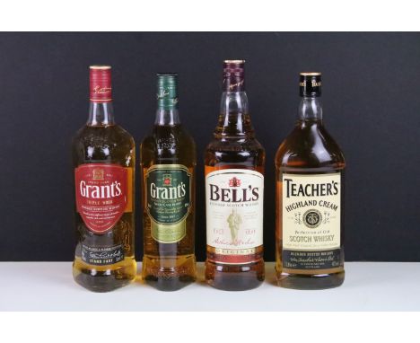 Assortment of Whisky to include, Teacher's Highland Cream Scotch Whisky 1 L, Grant's blended Scotch Whisky, 1 L, Bell's blend