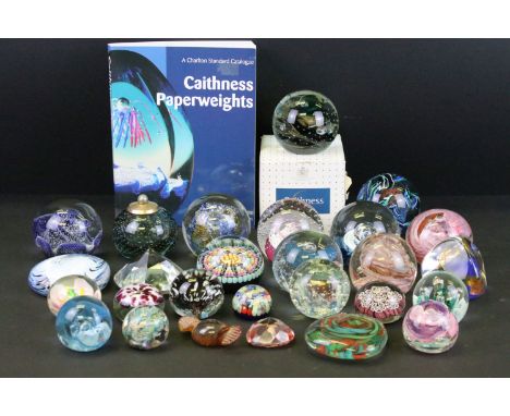 Collection of decorative paperweights in assorted shapes and sizes including a Whitefriars Parker pen weight, Caithness in Go
