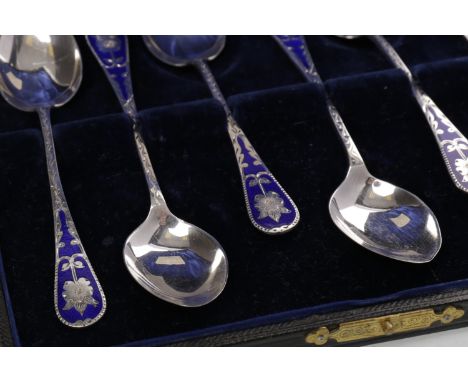 SET OF SIX EDWARDIAN SILVER AND DEEP BLUE ENAMEL COFFEE SPOONSmaker A. J. Bailey, Birmingham 1905, Old English pattern, with 