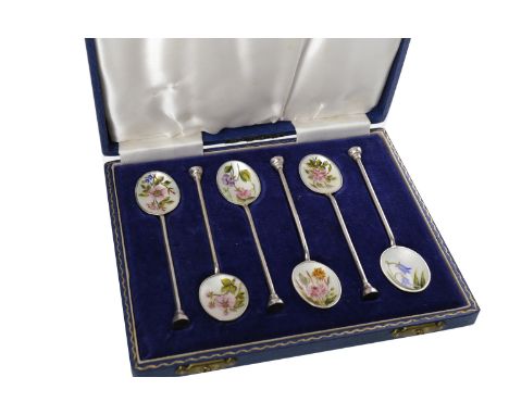 SET OF SIX MID-20TH CENTURY SILVER AND ENAMEL COFFEE SPOONSmaker Henry Clifford Davis, Birmingham 1958, each bowl with enamel