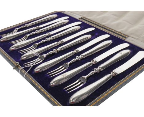 SET OF TWELVE GEORGE V SILVER MOUNTED CAKE KNIVES AND FORKSmaker Allen &  Darwin, Sheffield 1916, initialled 'K', Sandringham