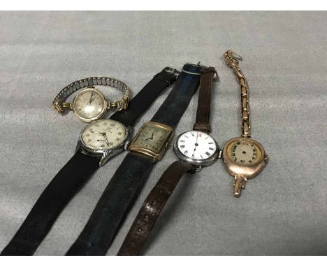 LOT OF FIVE VINTAGE WRIST WATCHESincluding a gold Rolex bracelet watch, gold Rotary watch, LIP Elgiloy stainless steel watch 