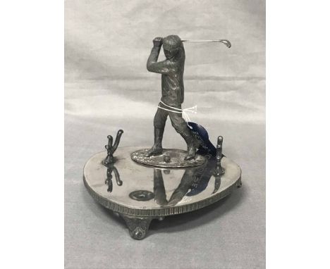 SILVER PLATED FIGURE OF A GOLFER, SILVER COIN-SET LADLE AND A FEW EARLY SPOONS 