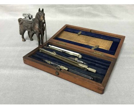 LOT OF CASED DRAWING INSTRUMENTS and a table lighter modelled as a horse