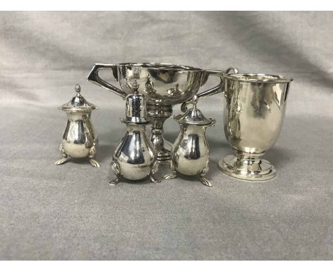 SMALL LOT OF SILVER OBJECTSincluding a condiment set, Christening mug, trophy, sauce ladle and spoons