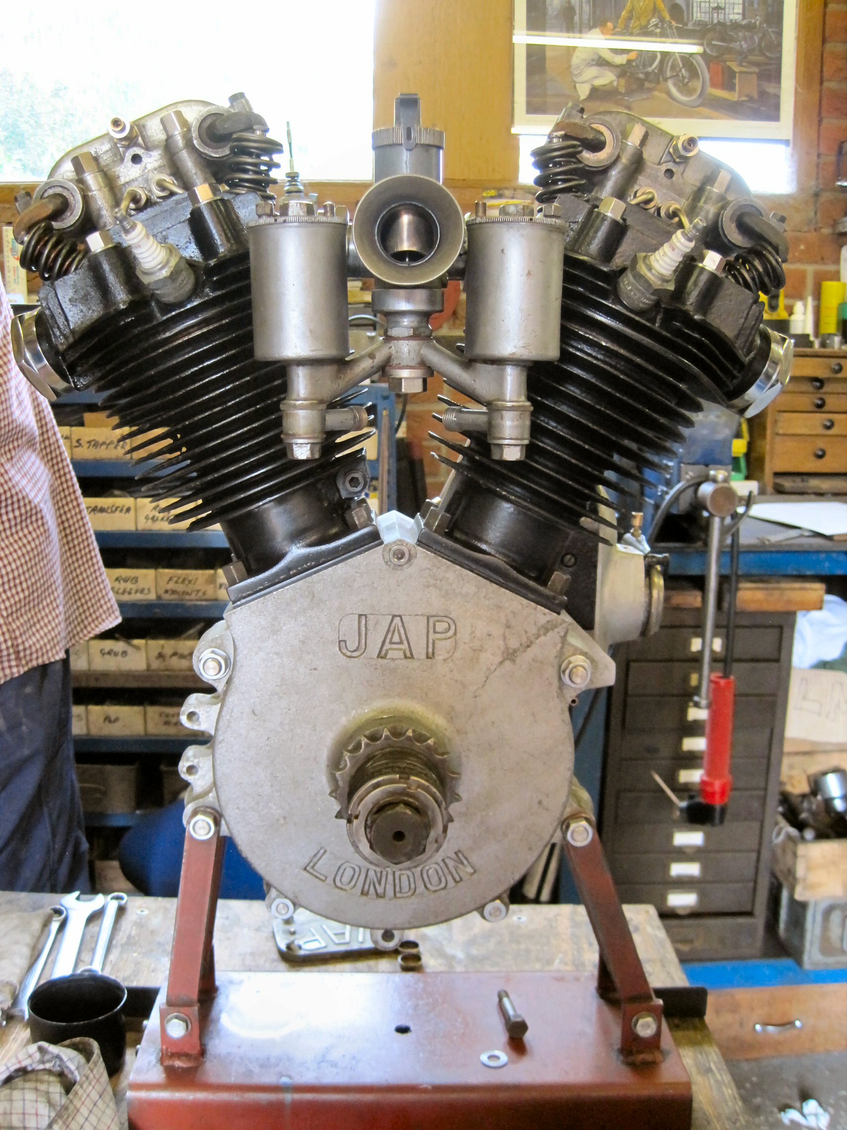 J.A.P. 680 GTO OHV V twin engine. 71 x 88 bore and stroke. This