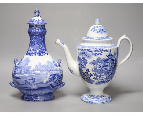 A Staffordshire pearlware blue and white pottery coffee pot and a Copeland Spode pilgrim flask, tallest 31cm