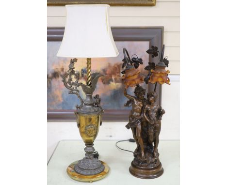 A Florentine style brass, spelter and onyx ewer shaped table lamp and a bronzed spelter figural table lamp with glass shades