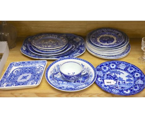 A quantity of 19th century blue and white pottery, including a 'Harewood House' platter, 37cm, and a Spode 'Rome Tiber' soup 