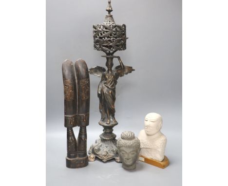 An oxidised copper figural table lamp, height 58cm, and three other items