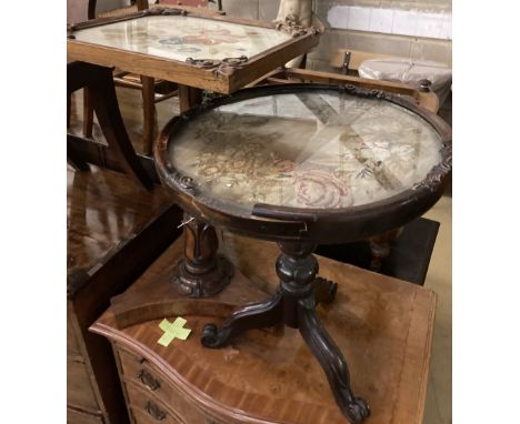 A Victorian rosewood table, with square floral tapestry inset top, over fluted bulbous pillar and triform platform base, heig