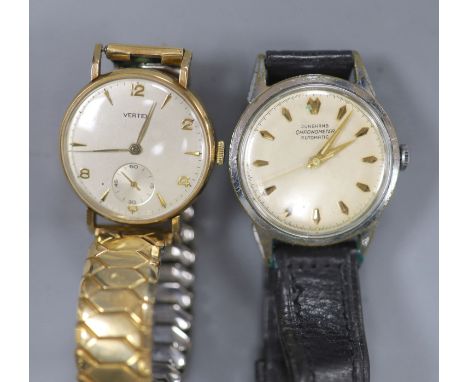 A gentleman's 9ct gold Vertex manual wind wrist watch, with case back inscription, on gold plated strap(a.f.), case diameter 