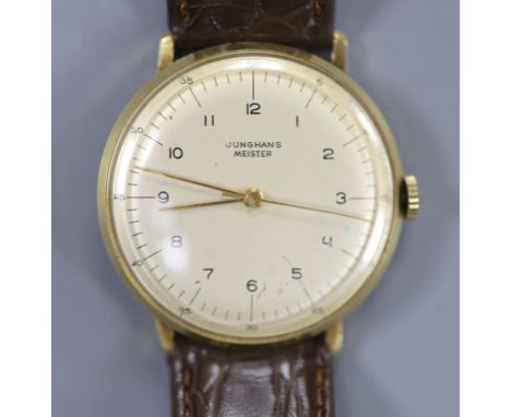 A gentleman's 14ct Junghans Meister manual wind wrist watch, on a associated leather strap and case back inscription, case di