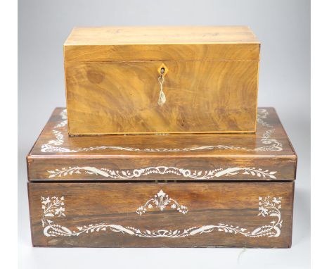 A George III mahogany tea caddy, width 30cm, together with a Victorian mother of pearl inlaid rosewood writing slope, width 4