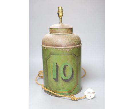 A green painted tin tea canister lamp, height 40cm excl. electrical fittings